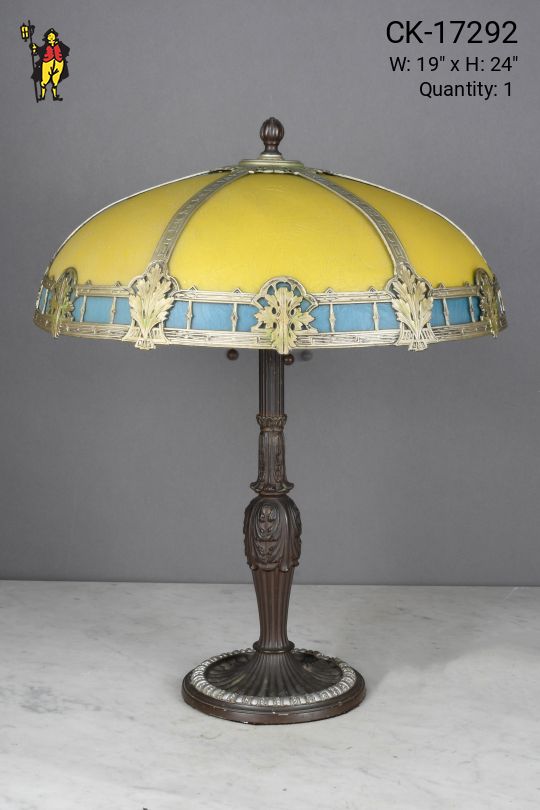 Yellow & Blue Art Glass Shaded Bronze Table Lamp