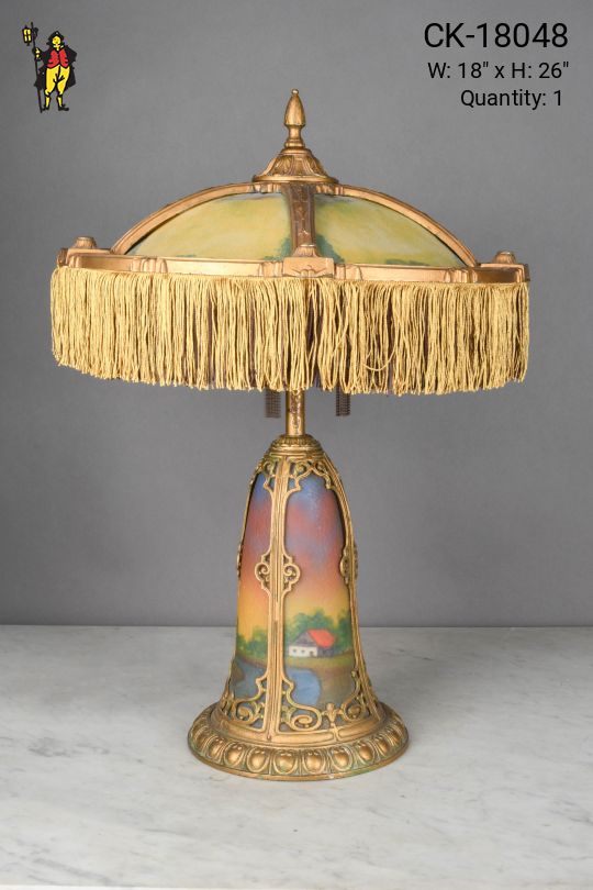 Reverse Painted Rural Scene Table Lamp