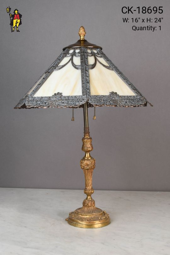 Slag Glass Shaded Brass Table Lamp