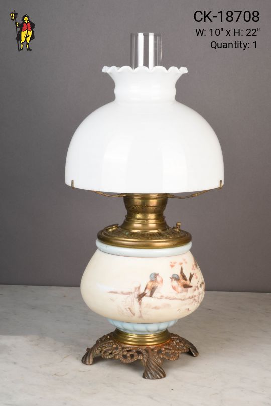 Electrified Faux Oil Painted Birds Table Lamp w/Glass Shades
