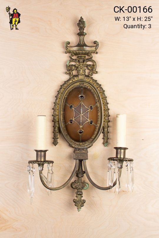 Antique Bronze & Art Glass Wall Sconce With Crystal Drops