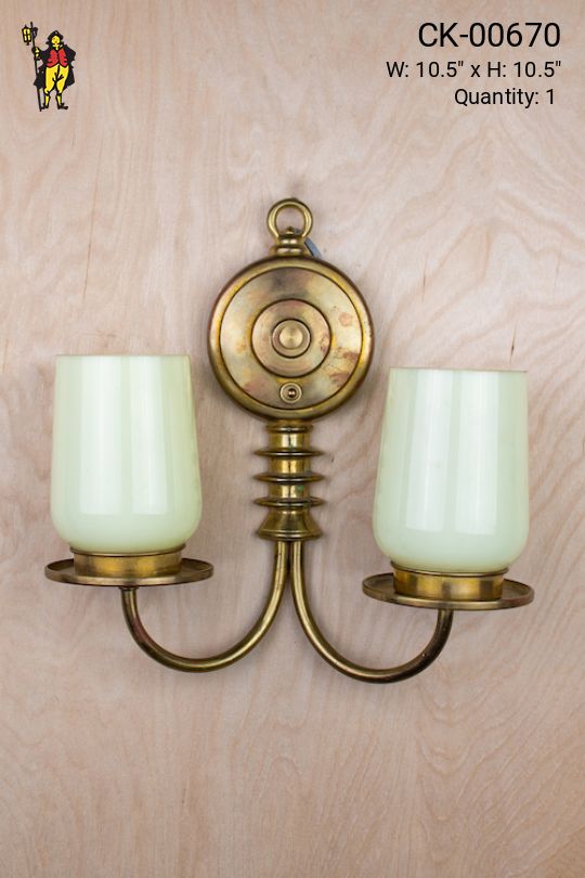 Two Arm Mid Century Wall Sconce With Green Glass Shades