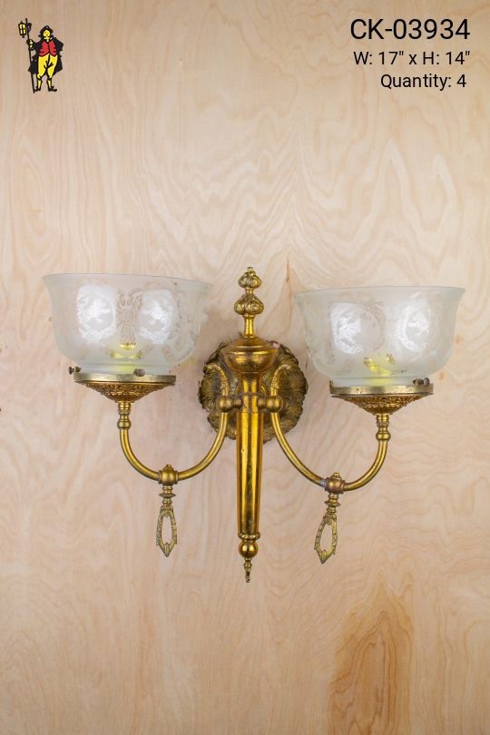 Two Curved Arm Wall Sconce w/Etched Glass Shades
