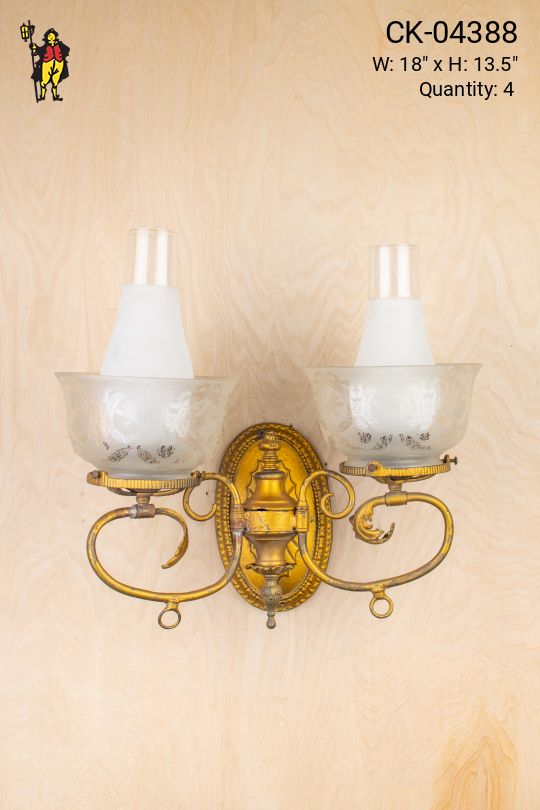 Two Light Brass Wall Scone w/Etched Glass Bowl Shades & Glass Chimney