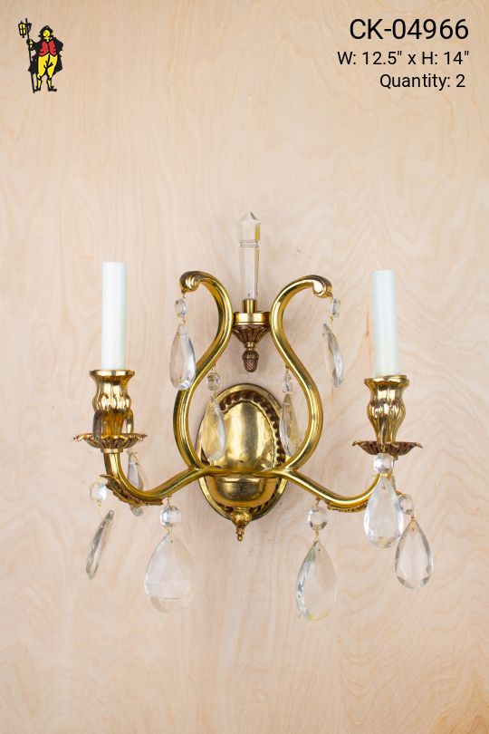 Brass Two Candle Wall Sconce w/Crystal Drops