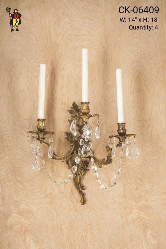 Three Candle Deco Wall Sconce w/Crystal Drops