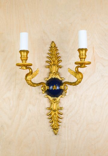 Art Deco Two Candle Brass & Black Wall Sconce
