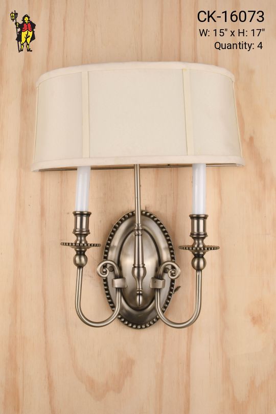 Nickel Two Candle Wall Sconce w/Fabric Shield Shade
