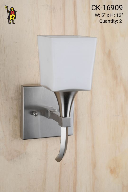 Nickel Single Light Modern Wall Sconce w/Square Glass Shade